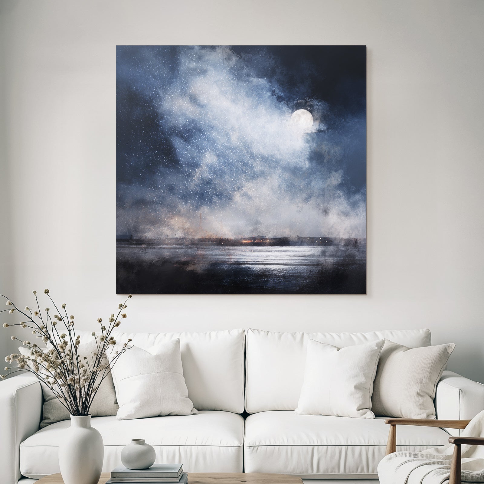 Friedliche Nachtlandschaft Mit Vollmond Wirbelnden Wolken Und Wasserspiegelung