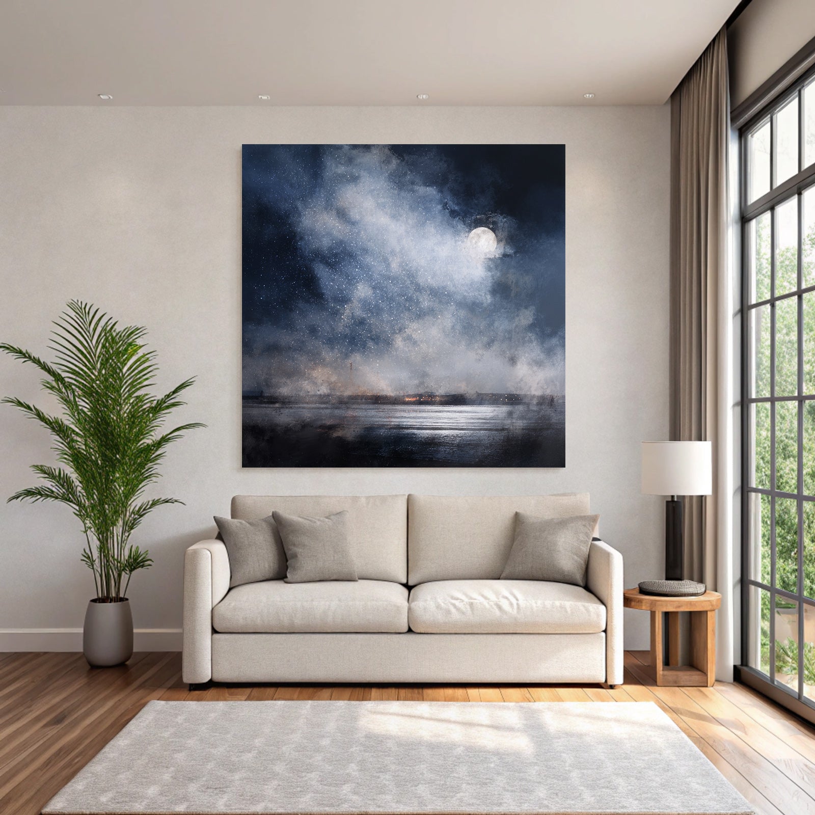 Friedliche Nachtlandschaft Mit Vollmond Wirbelnden Wolken Und Wasserspiegelung