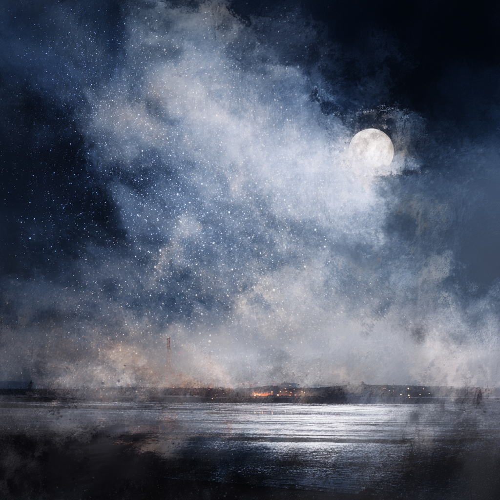 Friedliche Nachtlandschaft Mit Vollmond Wirbelnden Wolken Und Wasserspiegelung | Psychedelische Kunst | Stilrichtungen