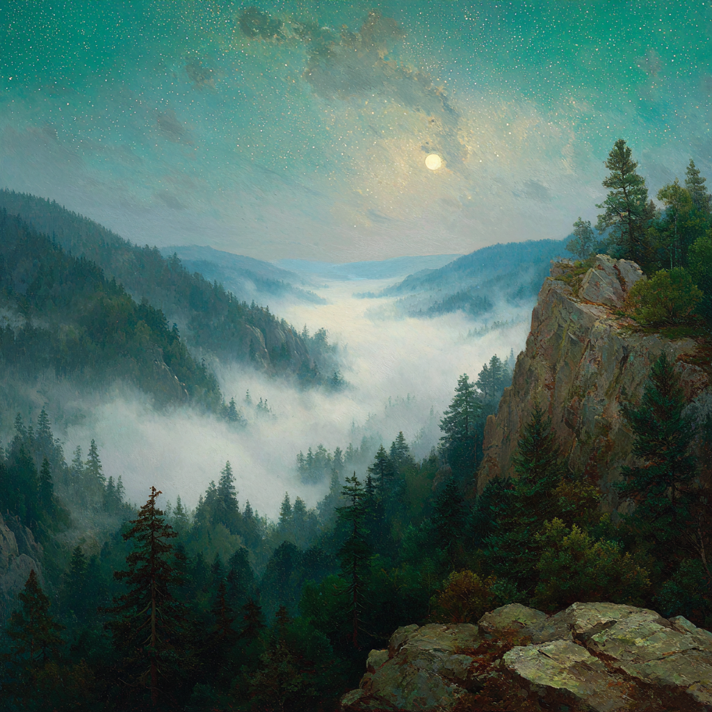 Friedliche Tallandschaft Im Mondlicht Mit Nebel | Psychedelische Kunst | Stilrichtungen