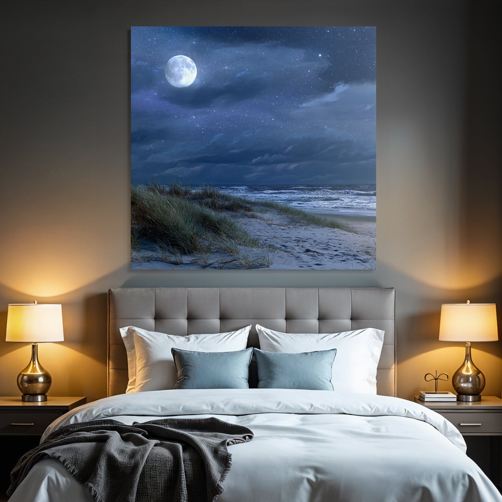 Friedlicher Nachtstrand Mit Vollmond Und Dünen