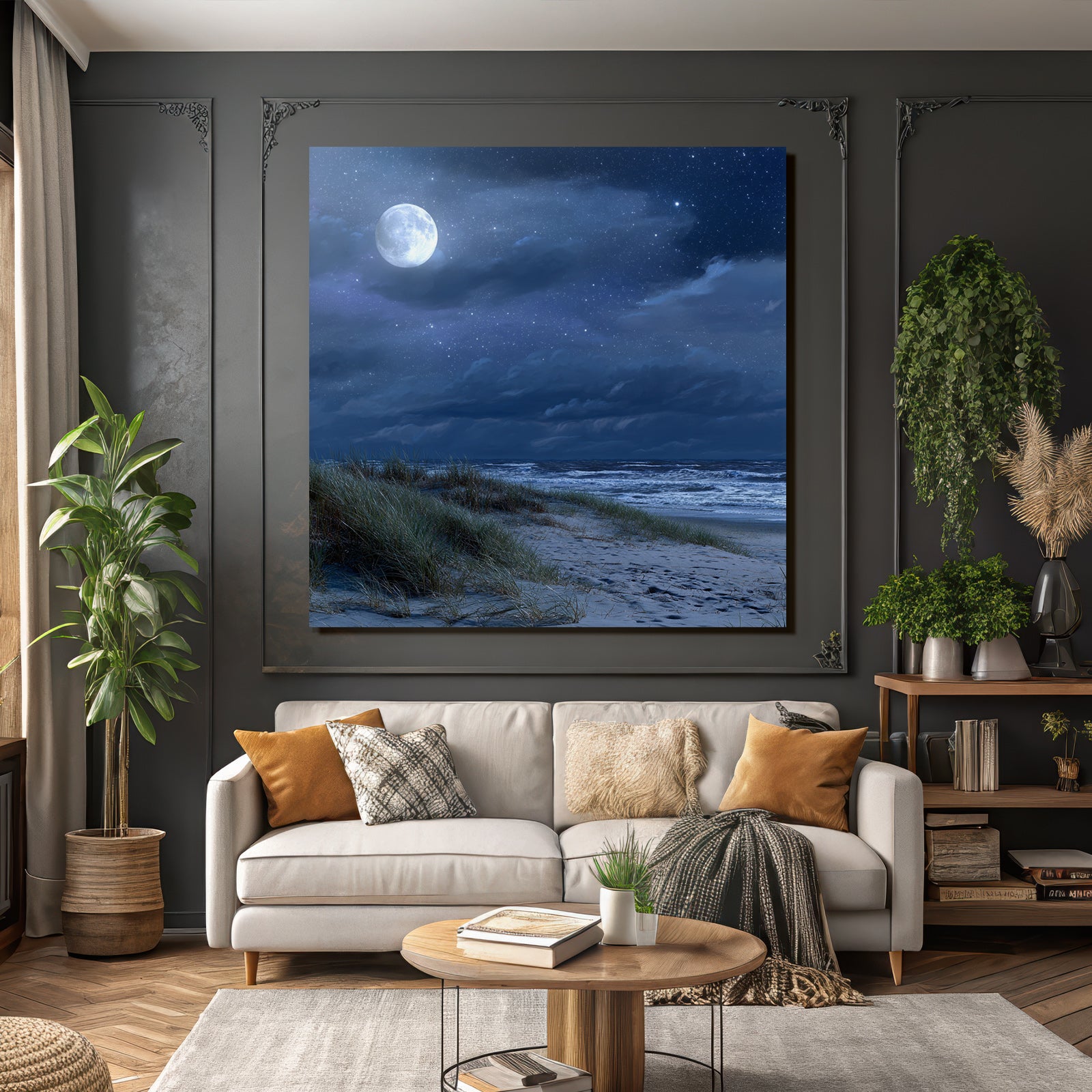 Friedlicher Nachtstrand Mit Vollmond Und Dünen