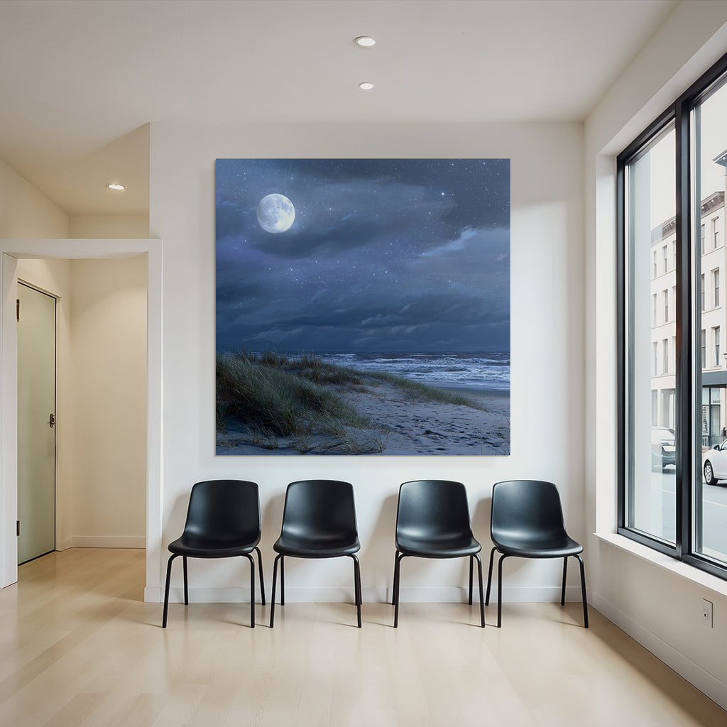 Friedlicher Nachtstrand Mit Vollmond Und Dünen