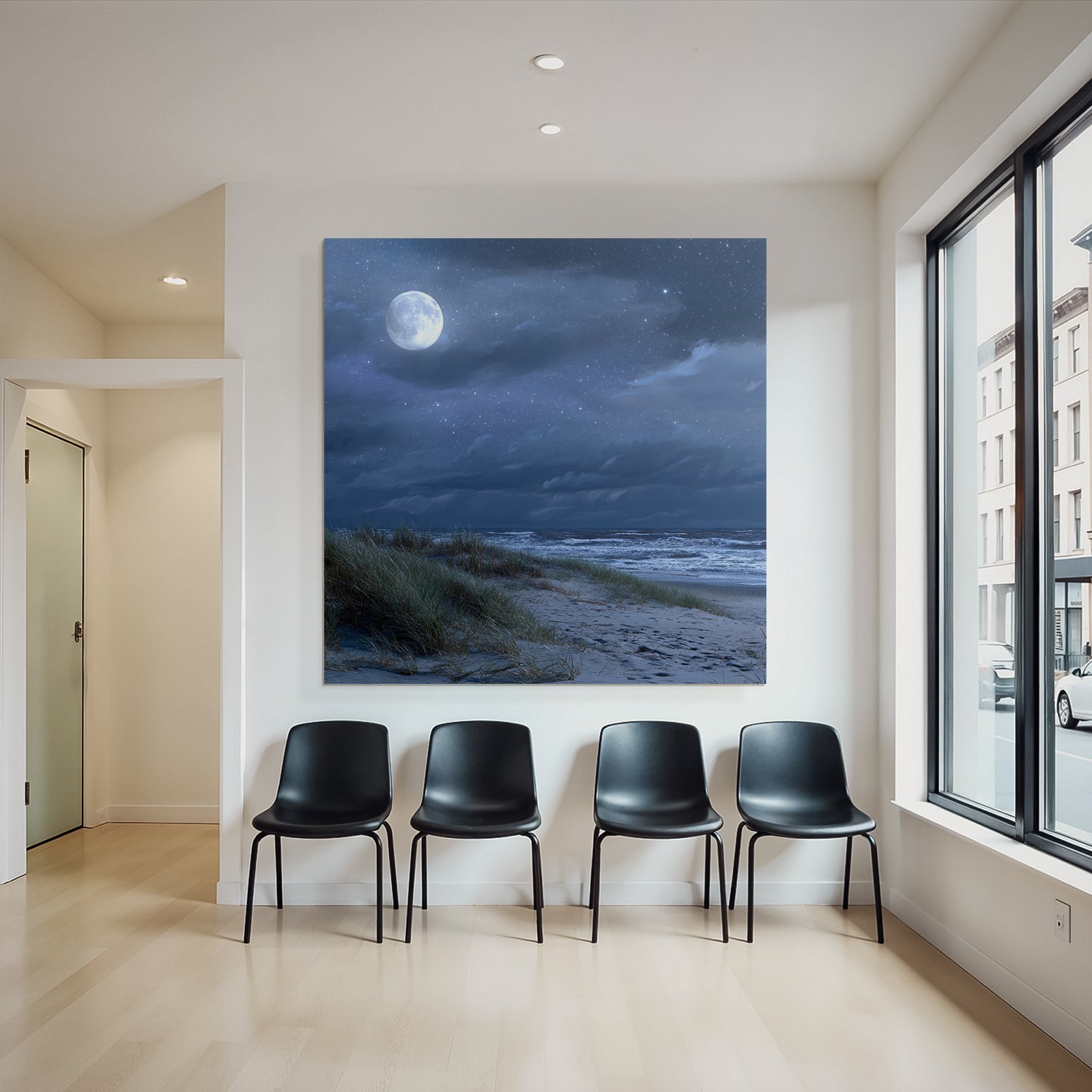 Friedlicher Nachtstrand Mit Vollmond Und Dünen