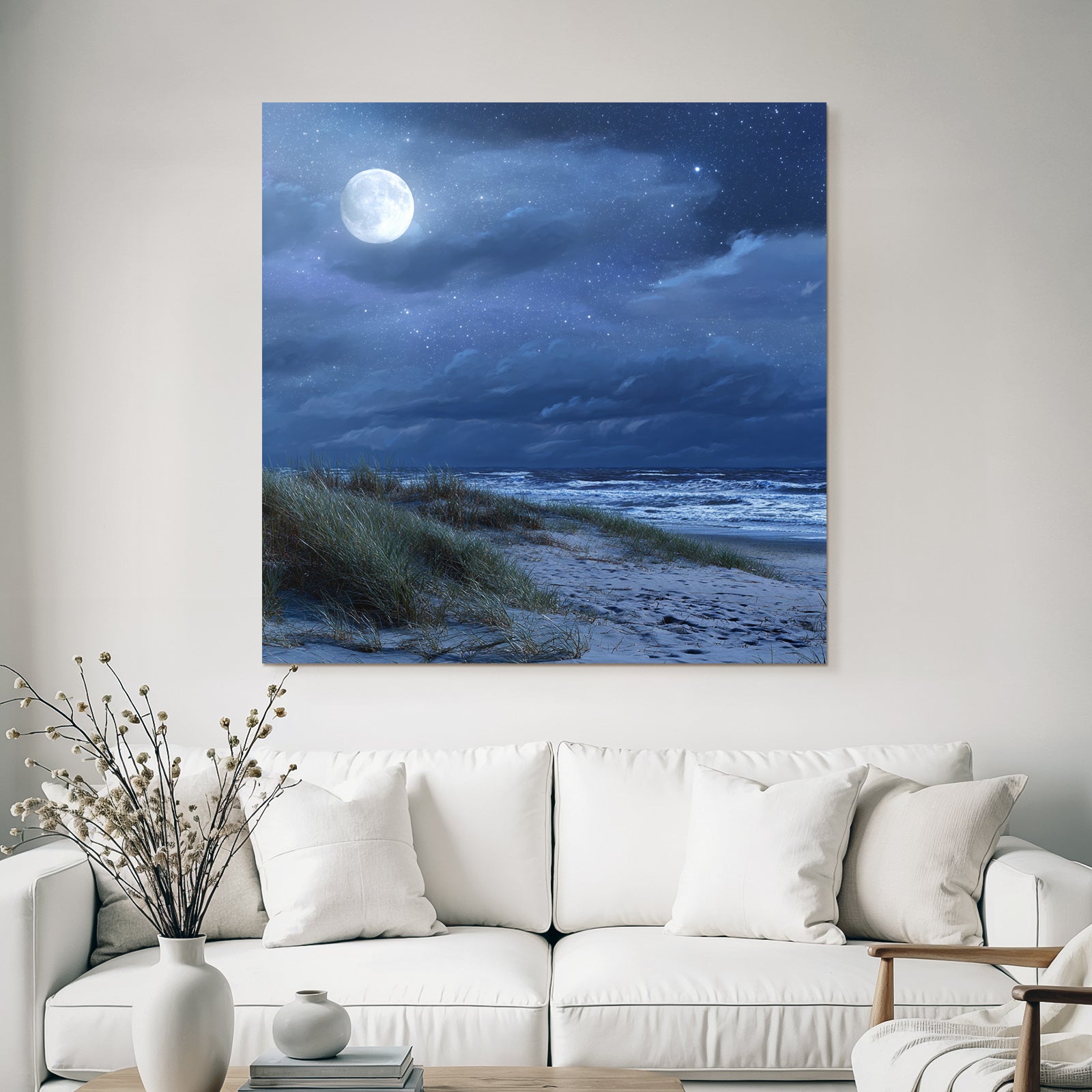 Friedlicher Nachtstrand Mit Vollmond Und Dünen