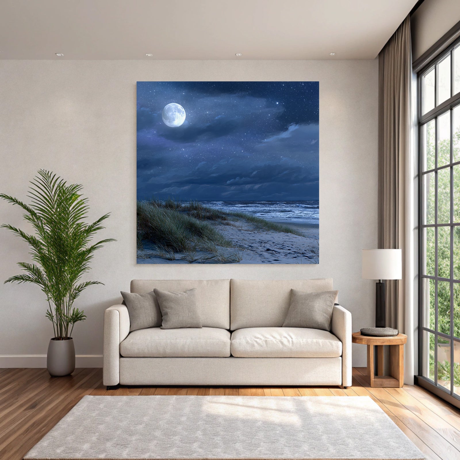 Friedlicher Nachtstrand Mit Vollmond Und Dünen