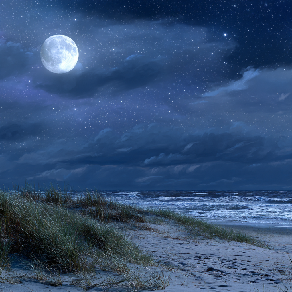 Friedlicher Nachtstrand Mit Vollmond Und Dünen | Psychedelische Kunst | Stilrichtungen