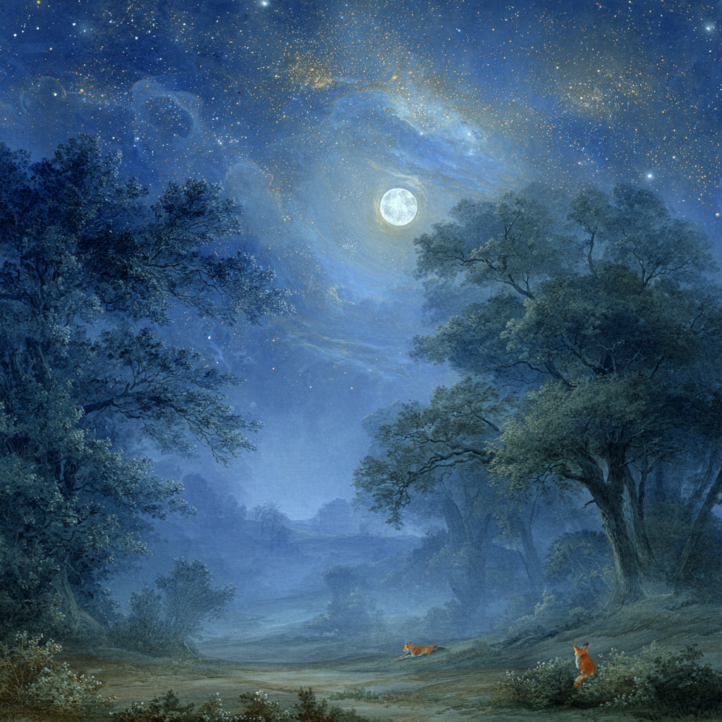 Fuchsnacht Unter Einem Sternenhimmel Im Ruhigen Wald | Psychedelische Kunst | Stilrichtungen
