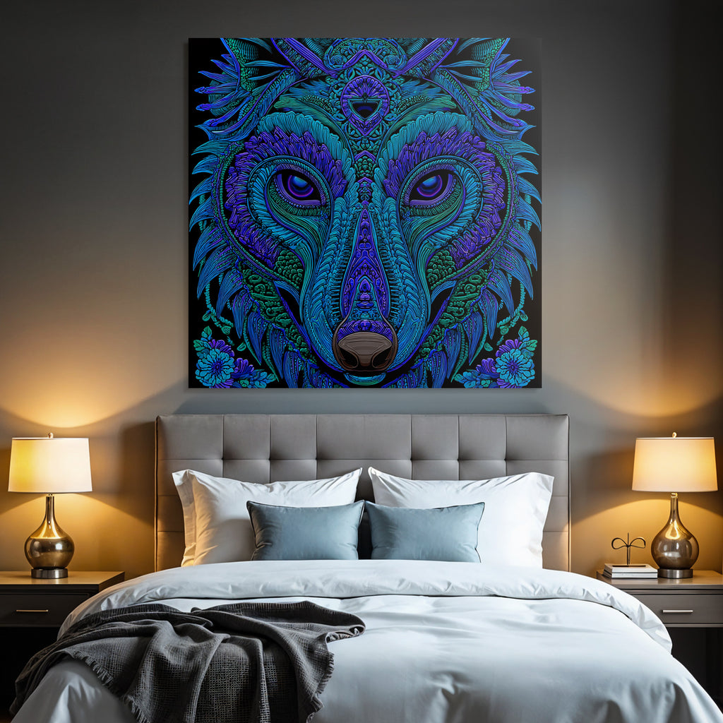 Künstlerischer Wolfskopf In Vibranten Blau Und Lila