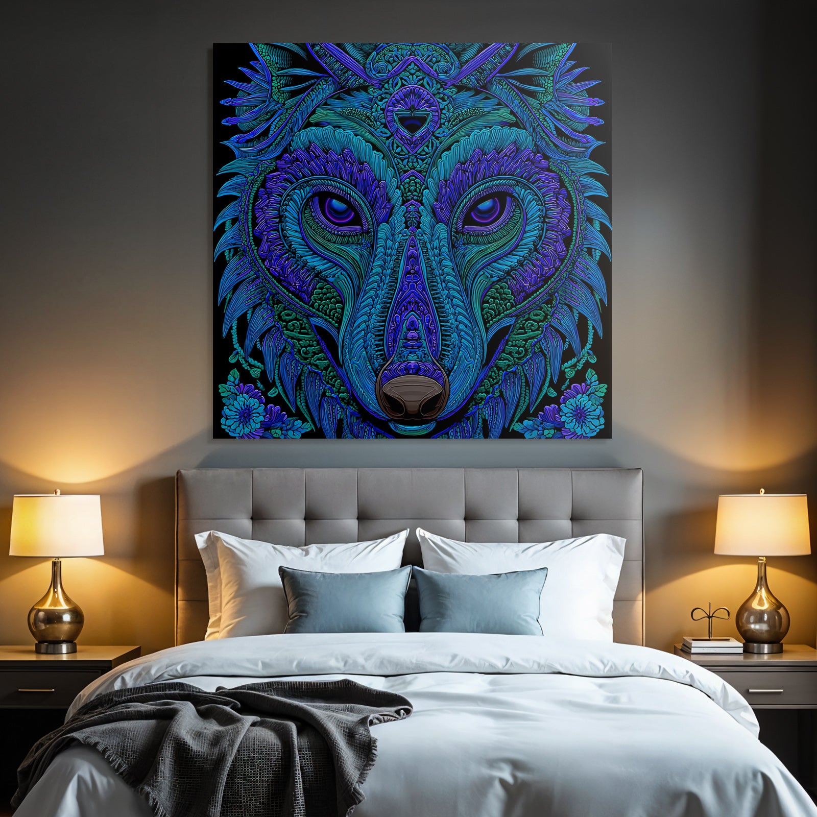 Künstlerischer Wolfskopf In Vibranten Blau Und Lila