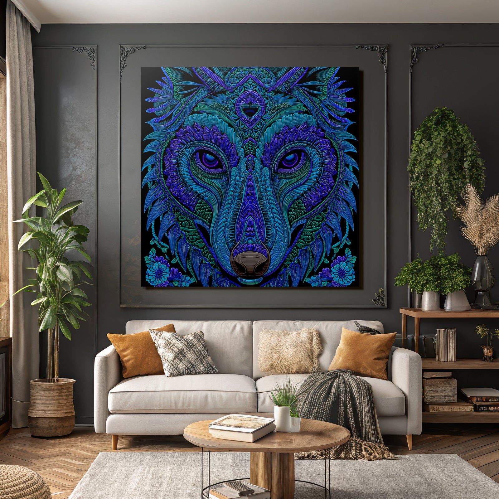 Künstlerischer Wolfskopf In Vibranten Blau Und Lila