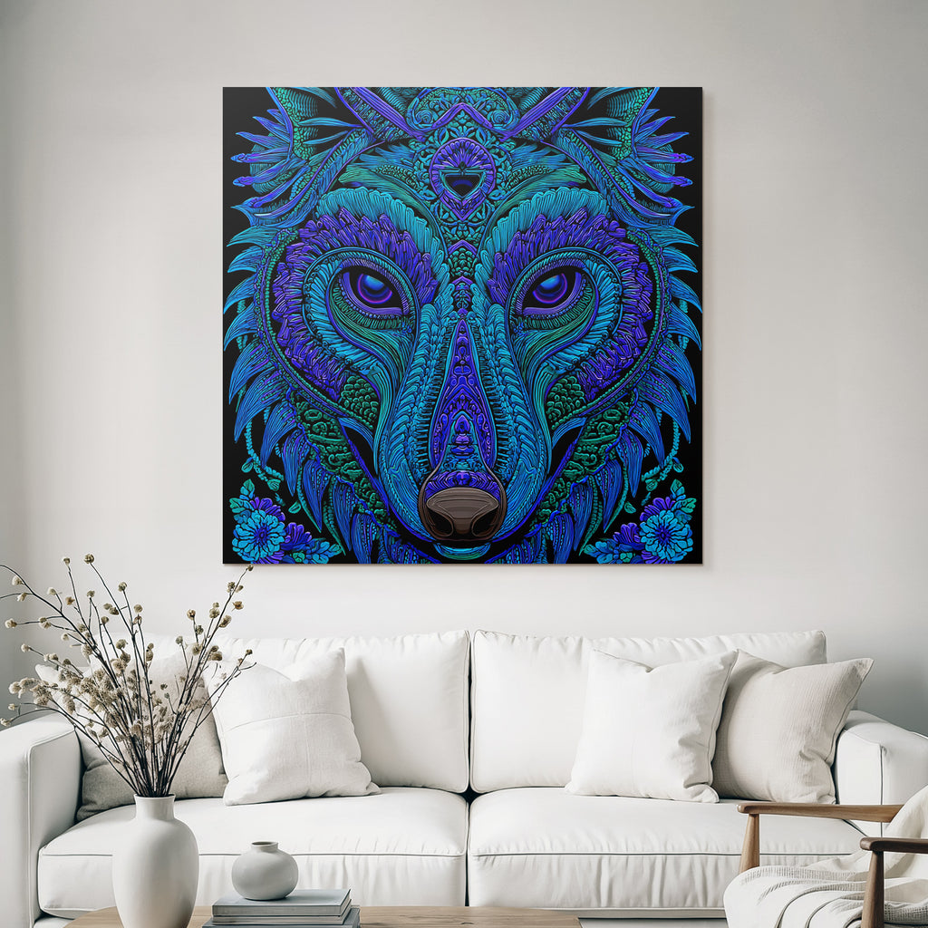 Künstlerischer Wolfskopf In Vibranten Blau Und Lila