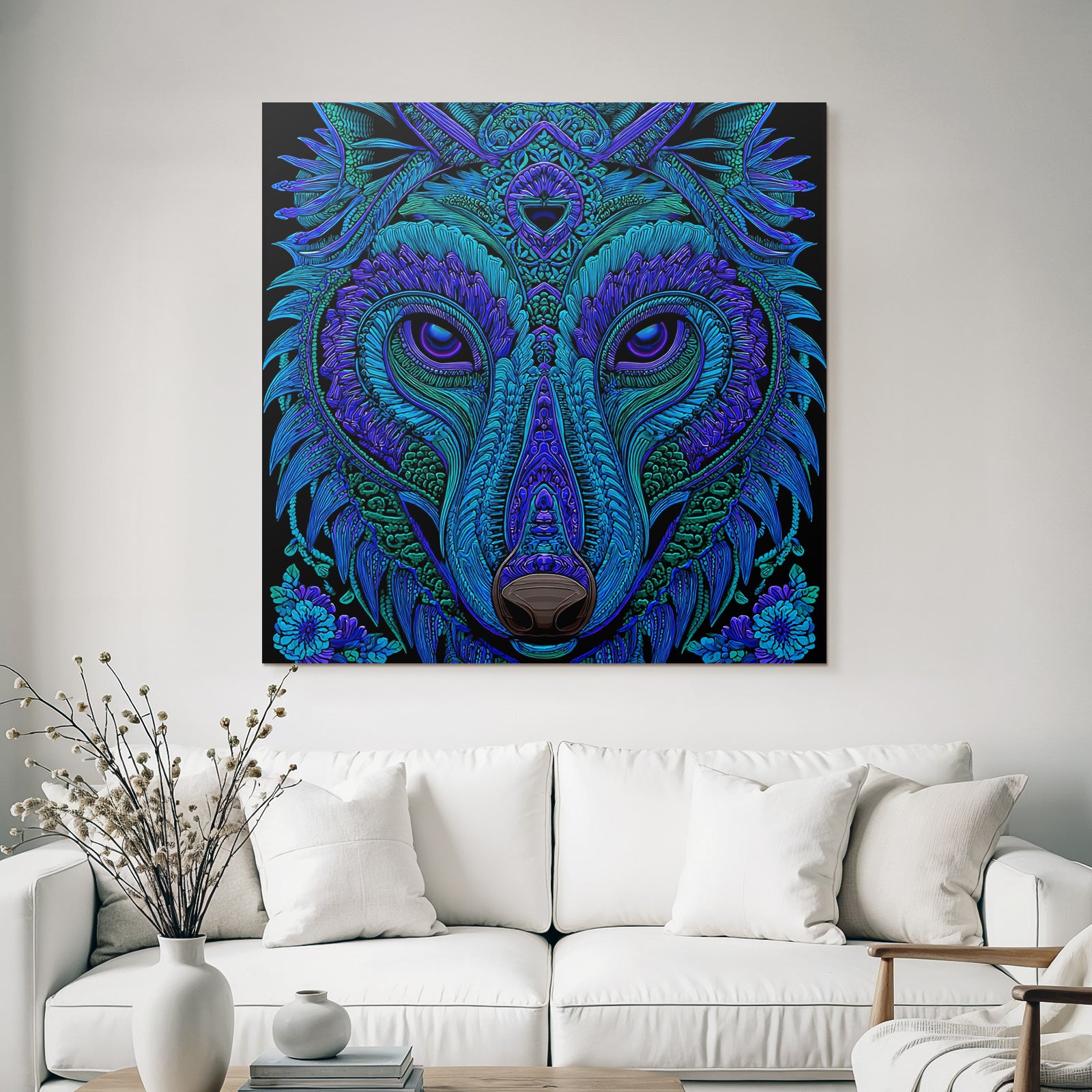 Künstlerischer Wolfskopf In Vibranten Blau Und Lila