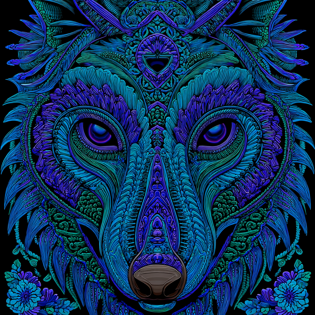 Künstlerischer Wolfskopf In Vibranten Blau Und Lila | Psychedelische Kunst | Stilrichtungen