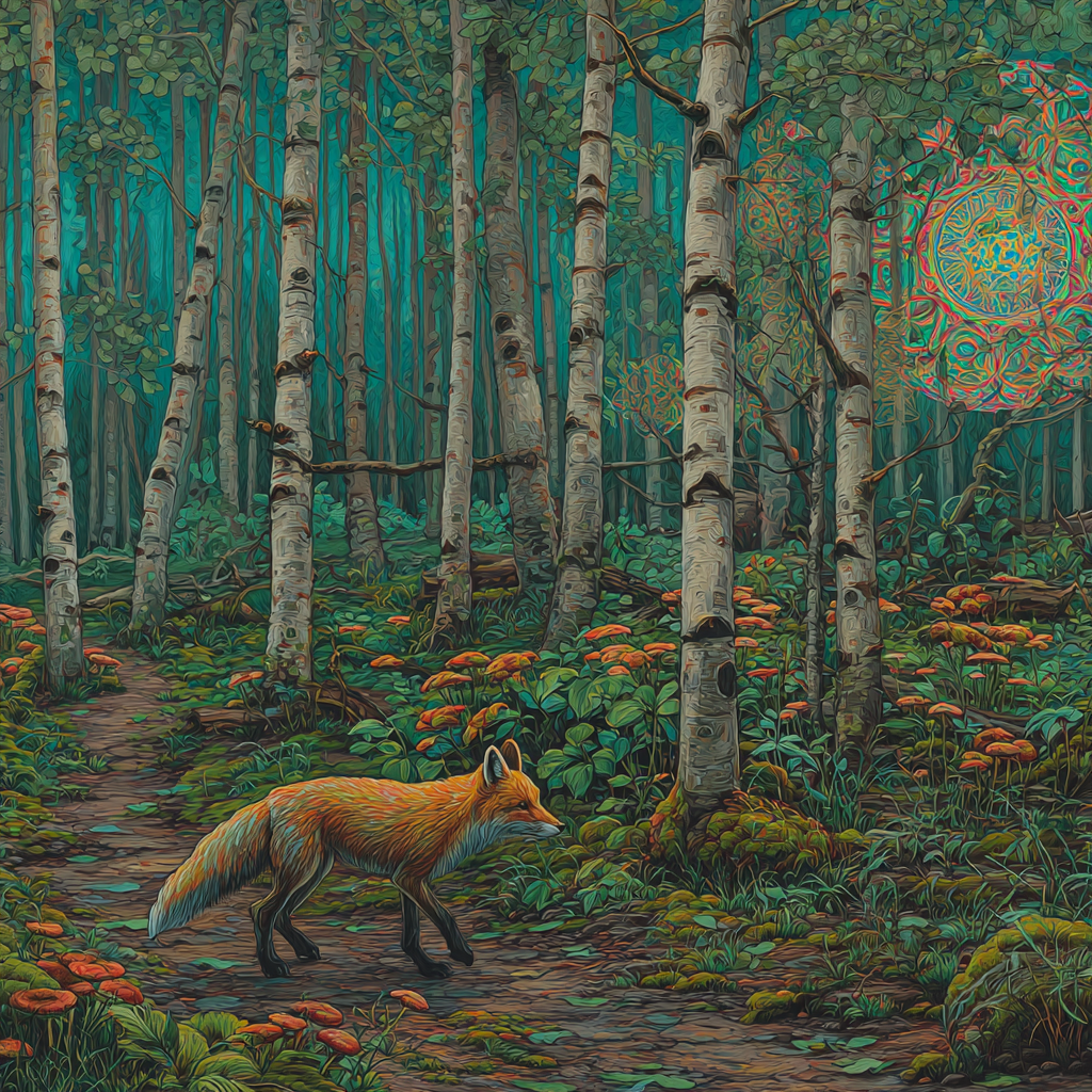 Lebhafter Fuchs Im Bunten Birkenwald | Psychedelische Kunst | Stilrichtungen