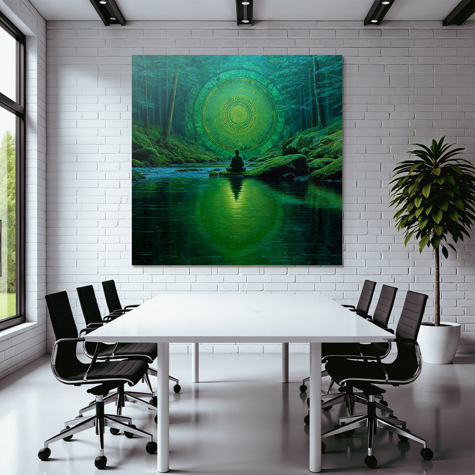 Meditierende Figur Am Stillen Wasser Mit Leuchtendem Mandala