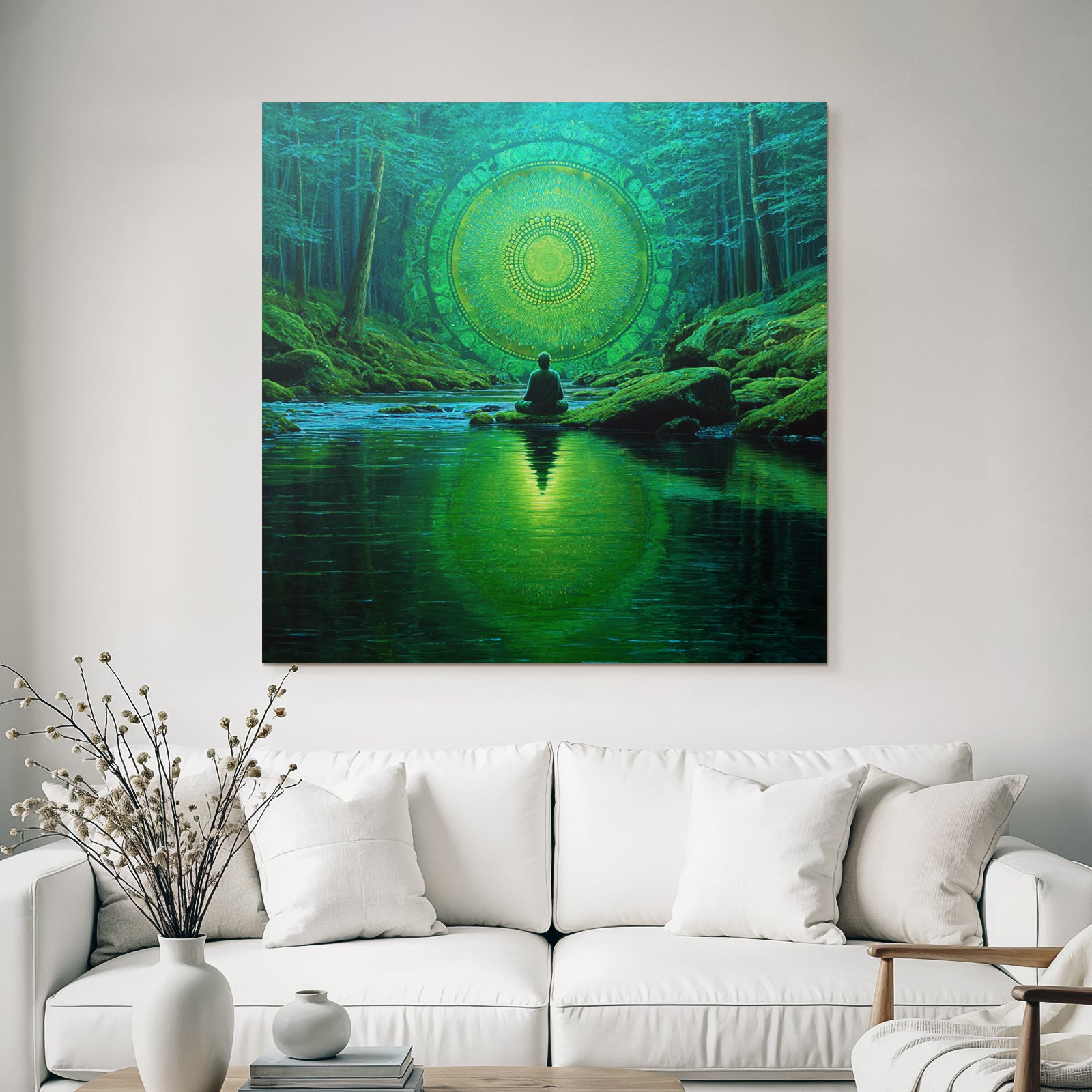 Meditierende Figur Am Stillen Wasser Mit Leuchtendem Mandala