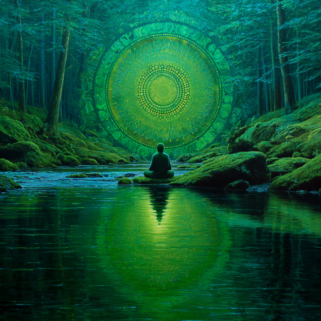 Meditierende Figur Am Stillen Wasser Mit Leuchtendem Mandala | Psychedelische Kunst | Stilrichtungen