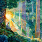 Meditierender Mensch Im Wald Mit Wasserfarben Und Sonnenlicht | Psychedelische Kunst | Stilrichtungen
