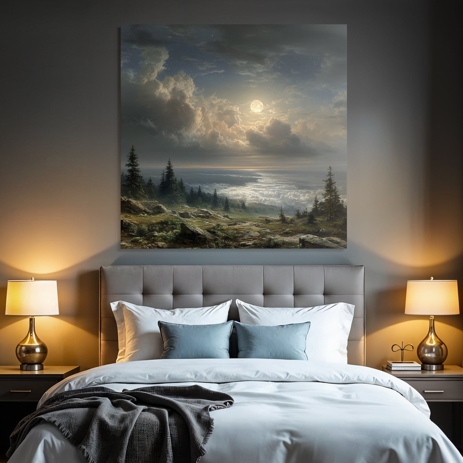 Mondnacht Landschaft Mit Wolken Und Baeumen Über Felsigem Gelände