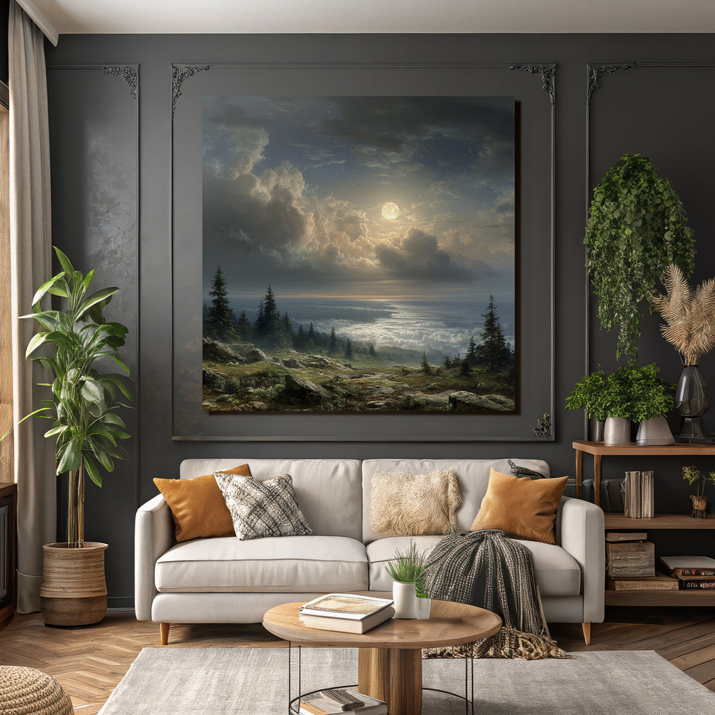 Mondnacht Landschaft Mit Wolken Und Baeumen Über Felsigem Gelände