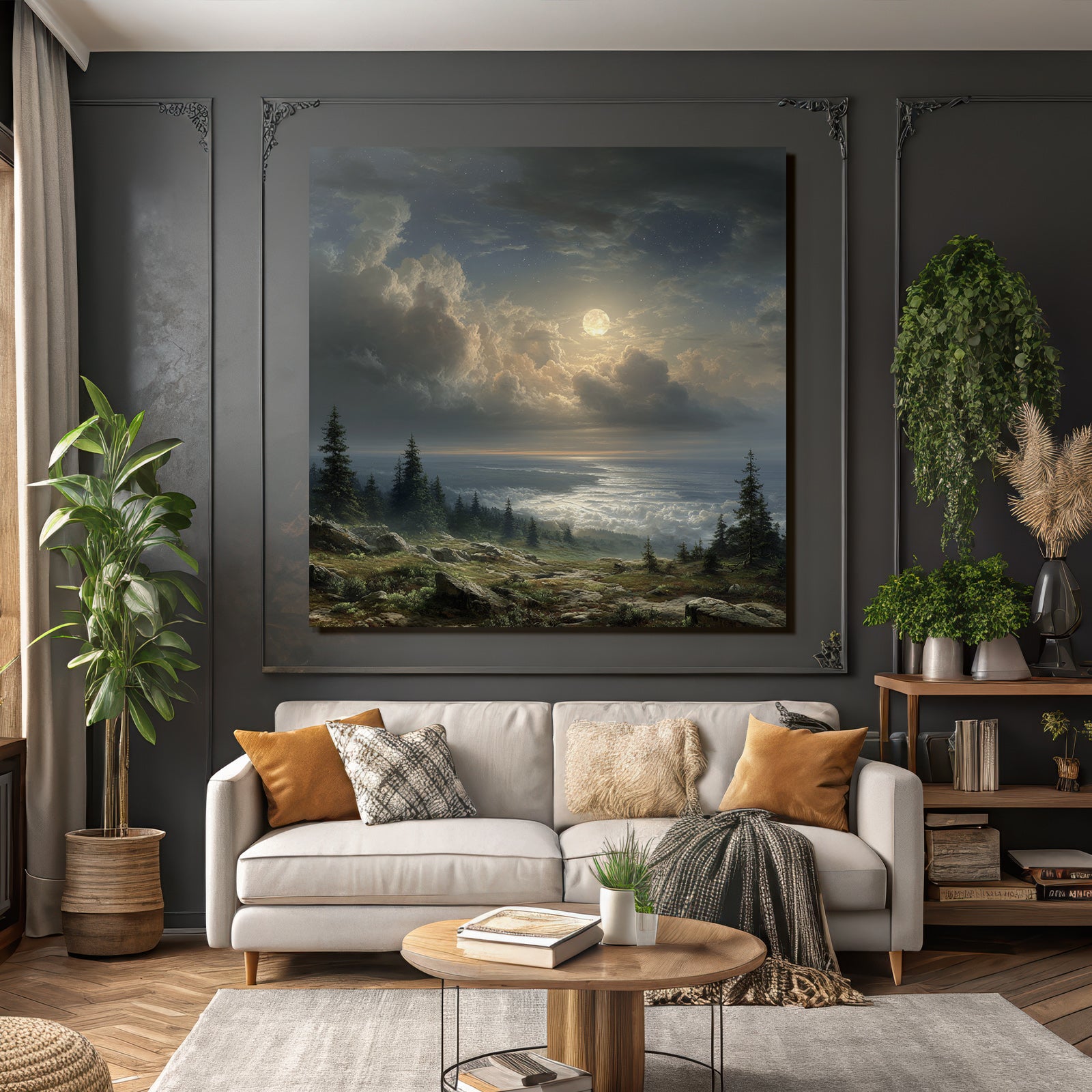 Mondnacht Landschaft Mit Wolken Und Baeumen Über Felsigem Gelände