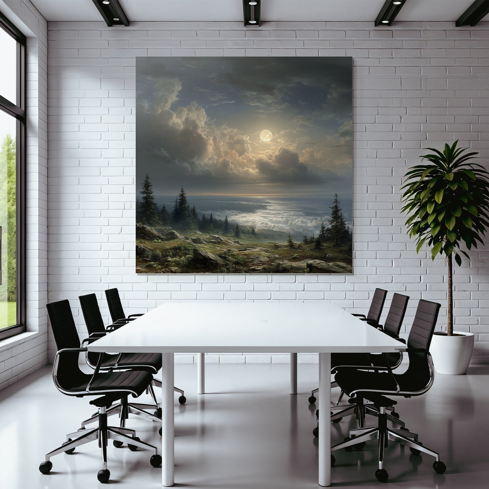 Mondnacht Landschaft Mit Wolken Und Baeumen Über Felsigem Gelände