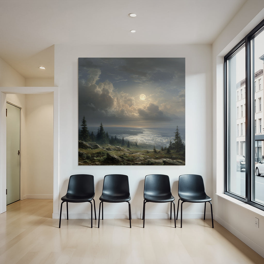 Mondnacht Landschaft Mit Wolken Und Baeumen Über Felsigem Gelände