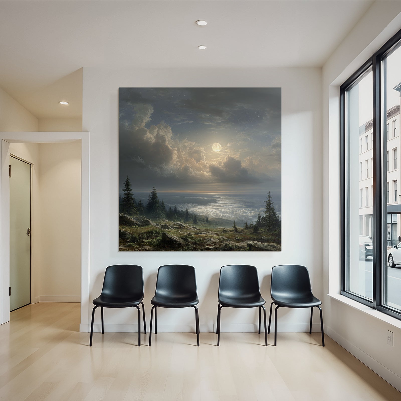 Mondnacht Landschaft Mit Wolken Und Baeumen Über Felsigem Gelände