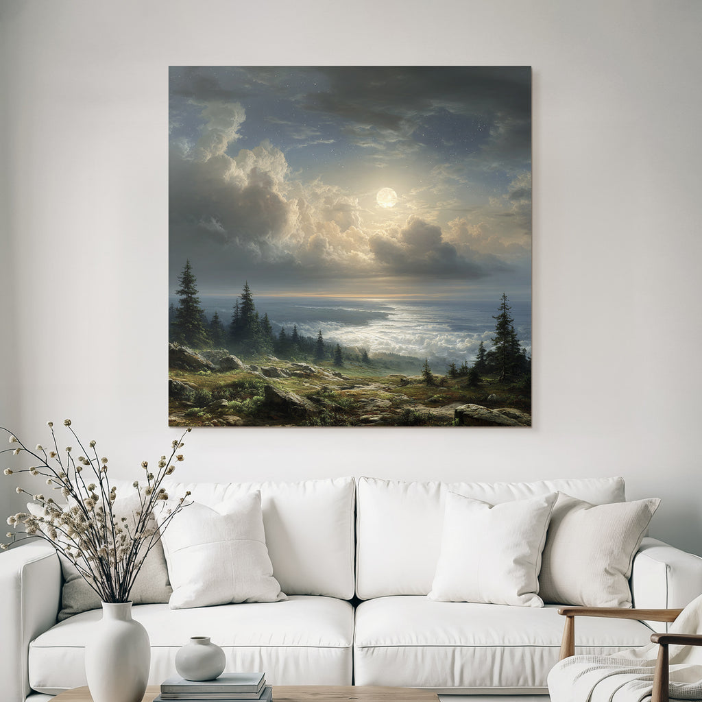 Mondnacht Landschaft Mit Wolken Und Baeumen Über Felsigem Gelände