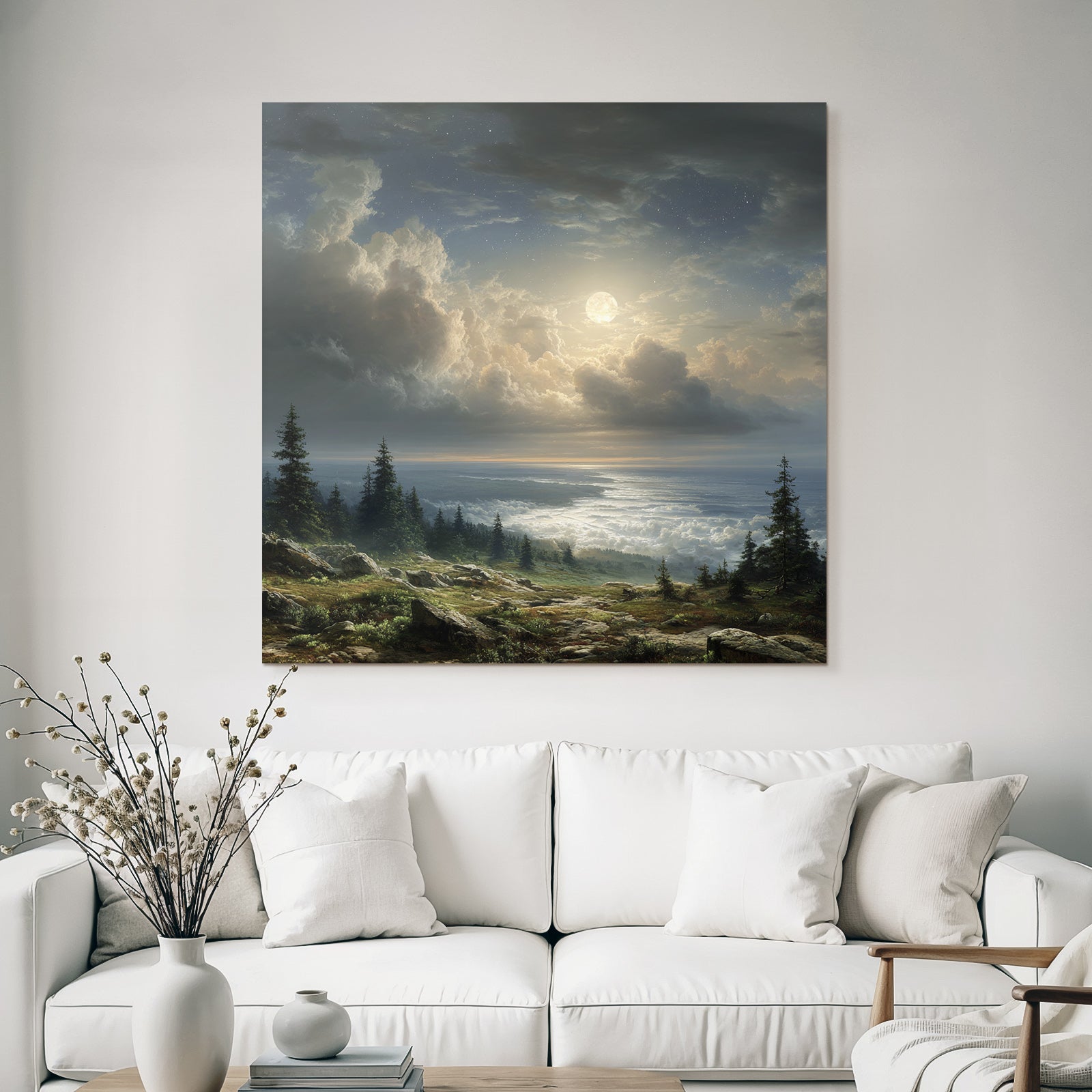 Mondnacht Landschaft Mit Wolken Und Baeumen Über Felsigem Gelände
