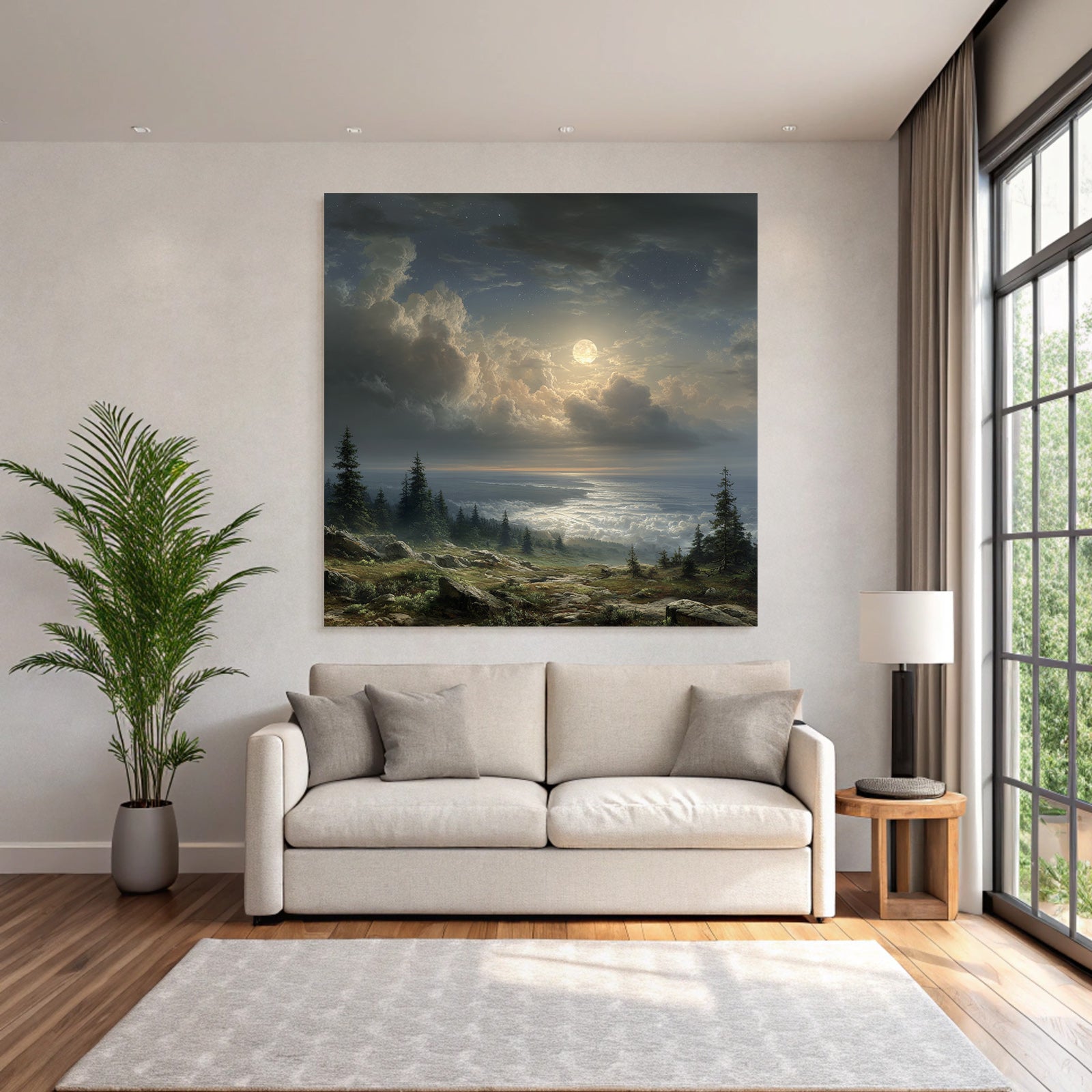 Mondnacht Landschaft Mit Wolken Und Baeumen Über Felsigem Gelände