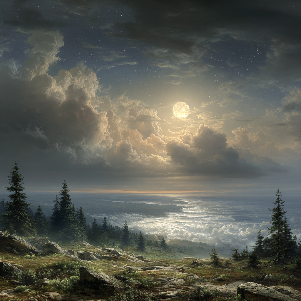 Mondnacht Landschaft Mit Wolken Und Baeumen Über Felsigem Gelände | Psychedelische Kunst | Stilrichtungen