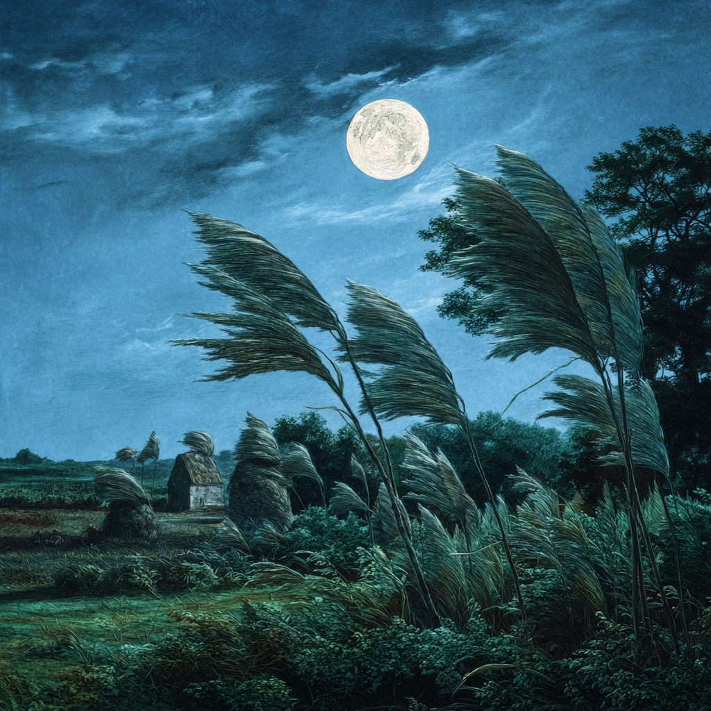 Mondnacht Mit Gras Hütte Und Baeumen | Psychedelische Kunst | Stilrichtungen