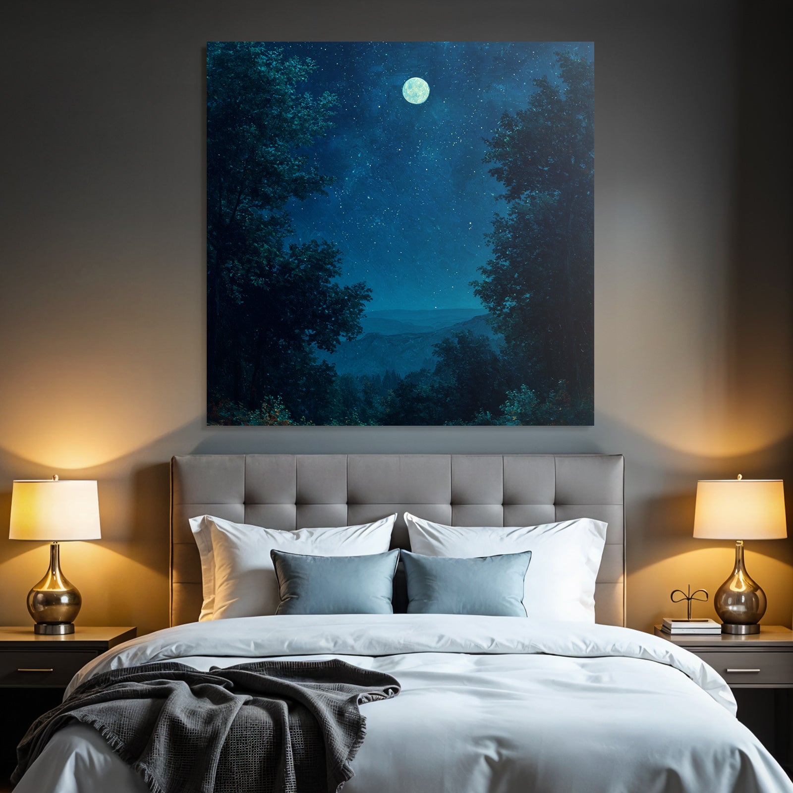 Nachtszene Mit Vollmond Und Baeumen