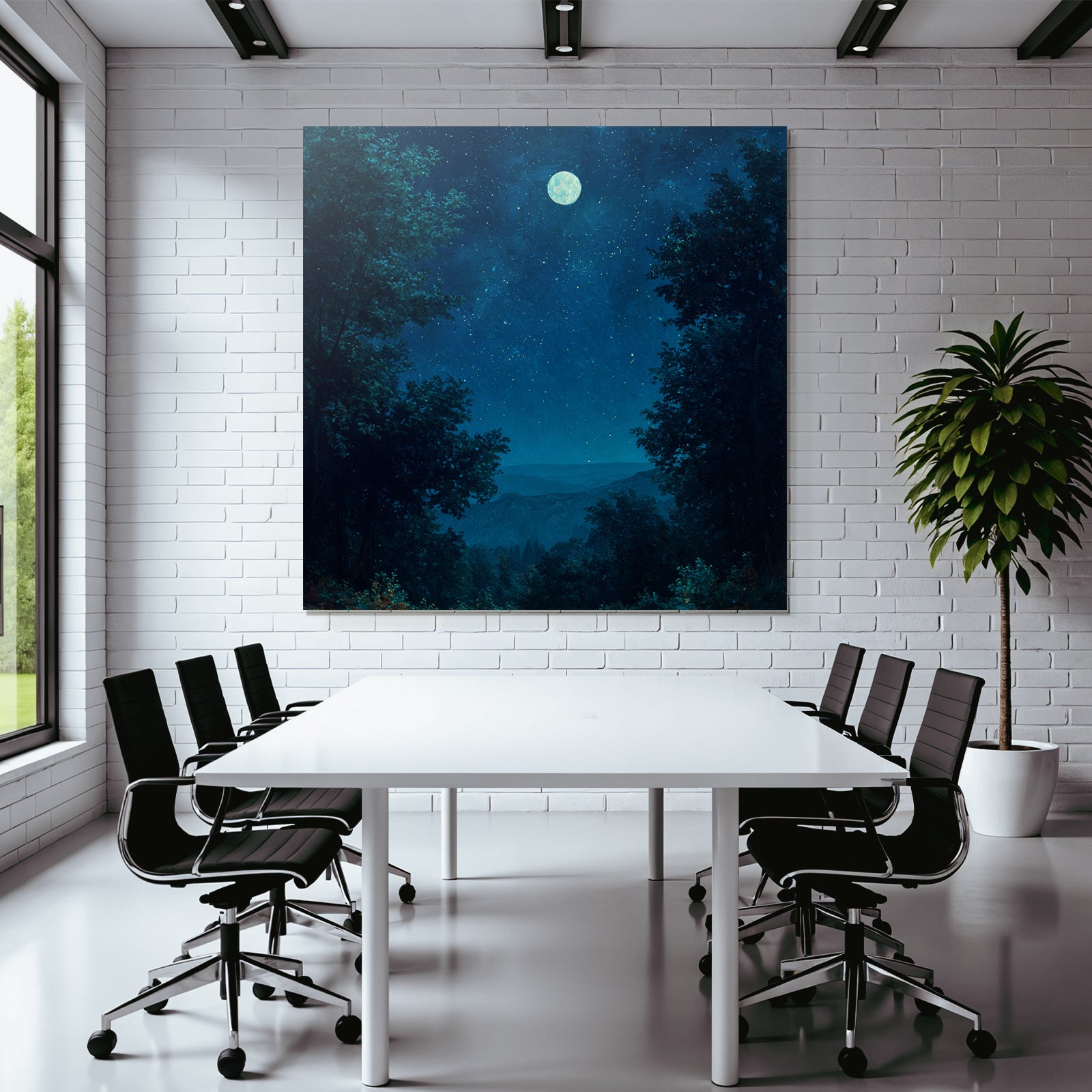 Nachtszene Mit Vollmond Und Baeumen