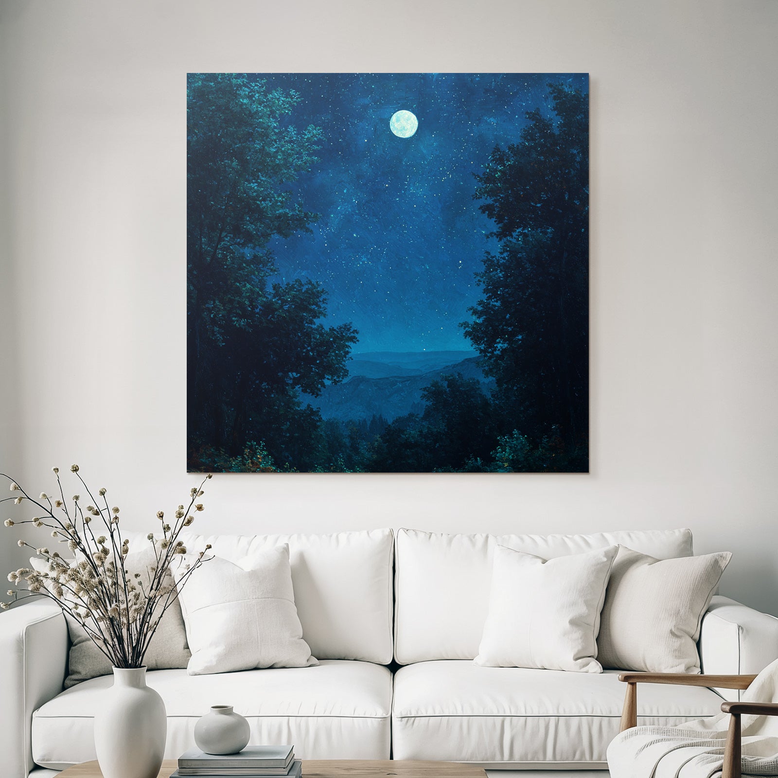 Nachtszene Mit Vollmond Und Baeumen