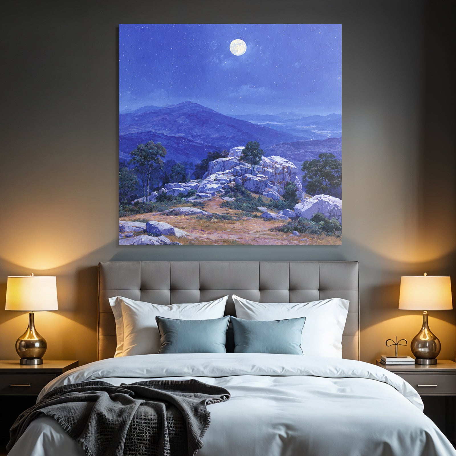 Nächtliche Berglandschaft Mit Vollmond Felsen Und Vegetation
