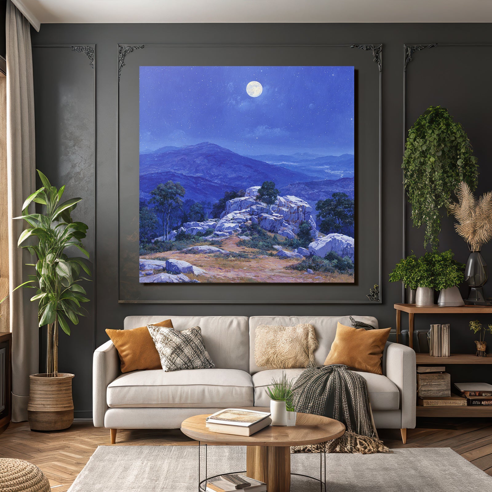 Nächtliche Berglandschaft Mit Vollmond Felsen Und Vegetation