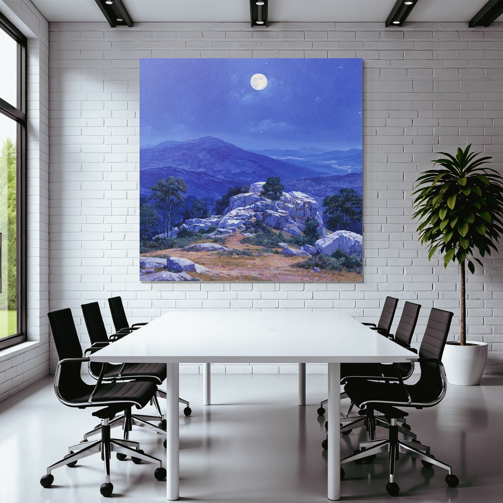 Nächtliche Berglandschaft Mit Vollmond Felsen Und Vegetation