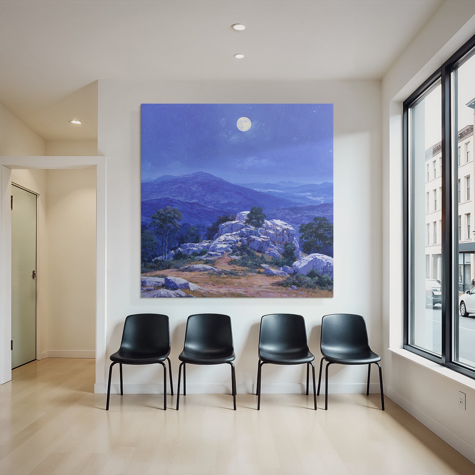 Nächtliche Berglandschaft Mit Vollmond Felsen Und Vegetation