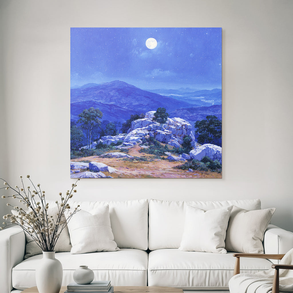 Nächtliche Berglandschaft Mit Vollmond Felsen Und Vegetation