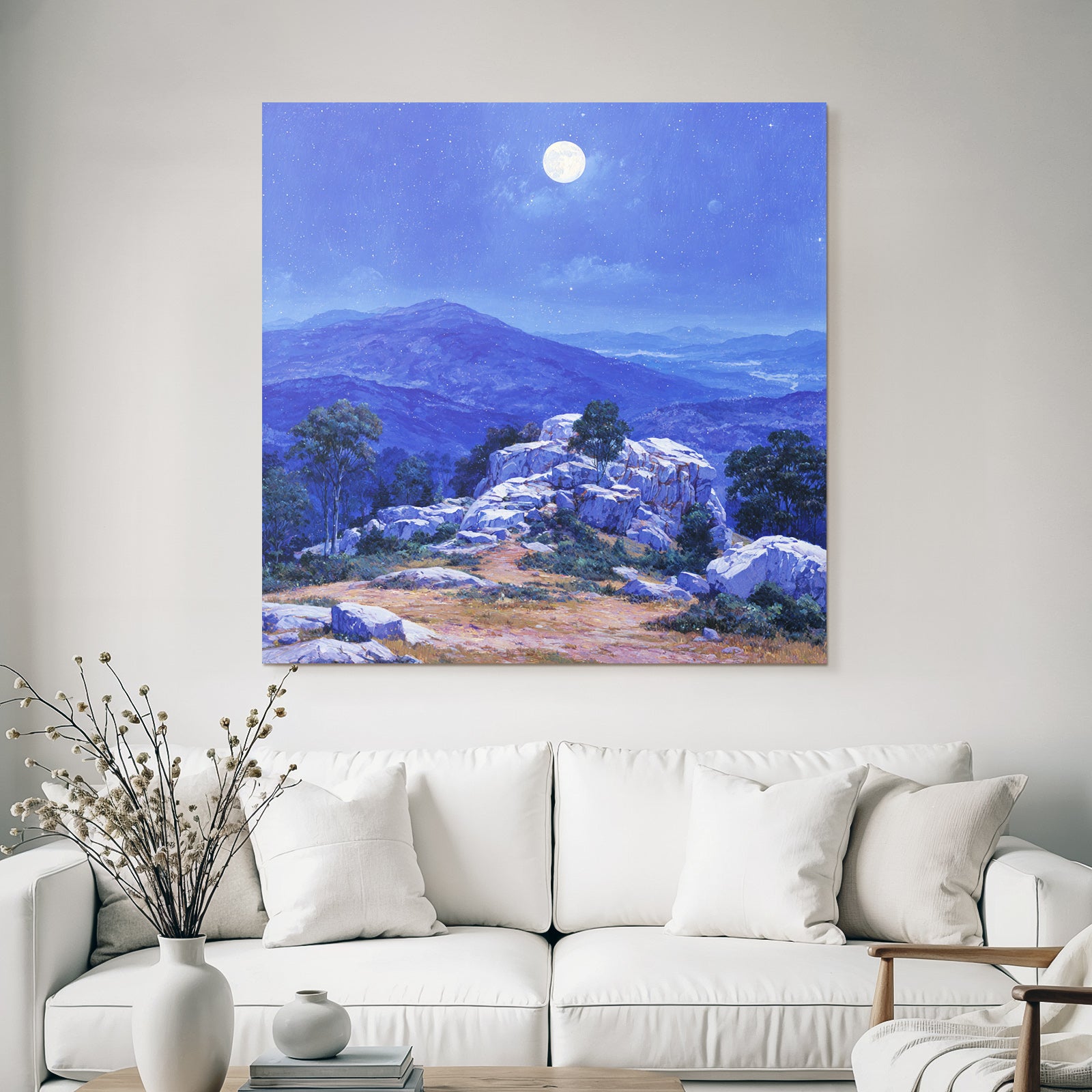 Nächtliche Berglandschaft Mit Vollmond Felsen Und Vegetation