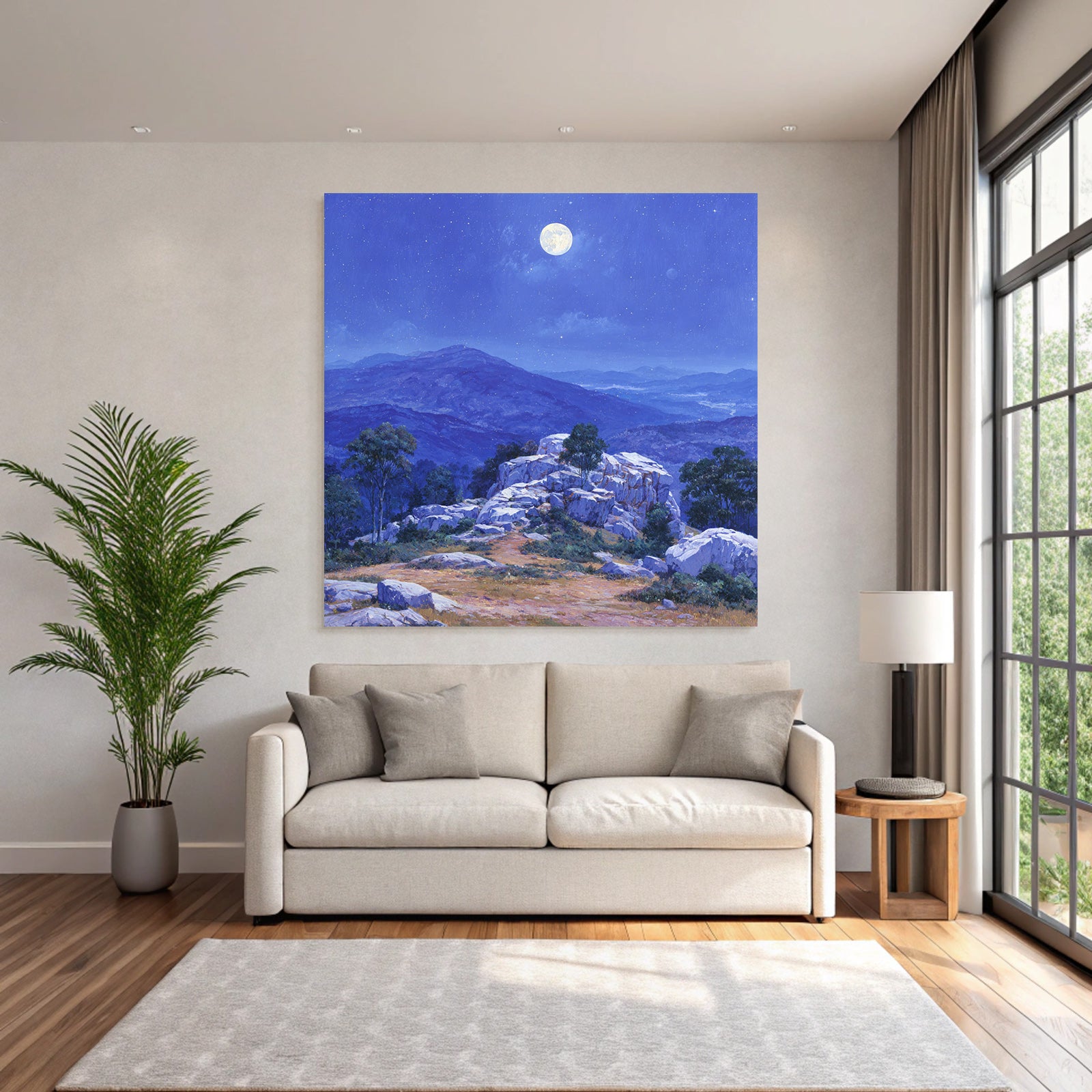 Nächtliche Berglandschaft Mit Vollmond Felsen Und Vegetation