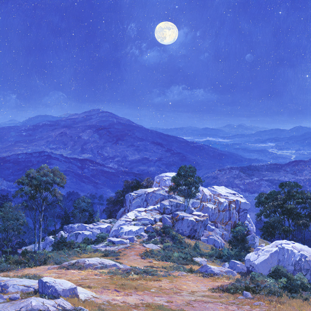 Nächtliche Berglandschaft Mit Vollmond Felsen Und Vegetation | Psychedelische Kunst | Stilrichtungen