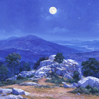 Nächtliche Berglandschaft Mit Vollmond Felsen Und Vegetation | Psychedelische Kunst | Stilrichtungen