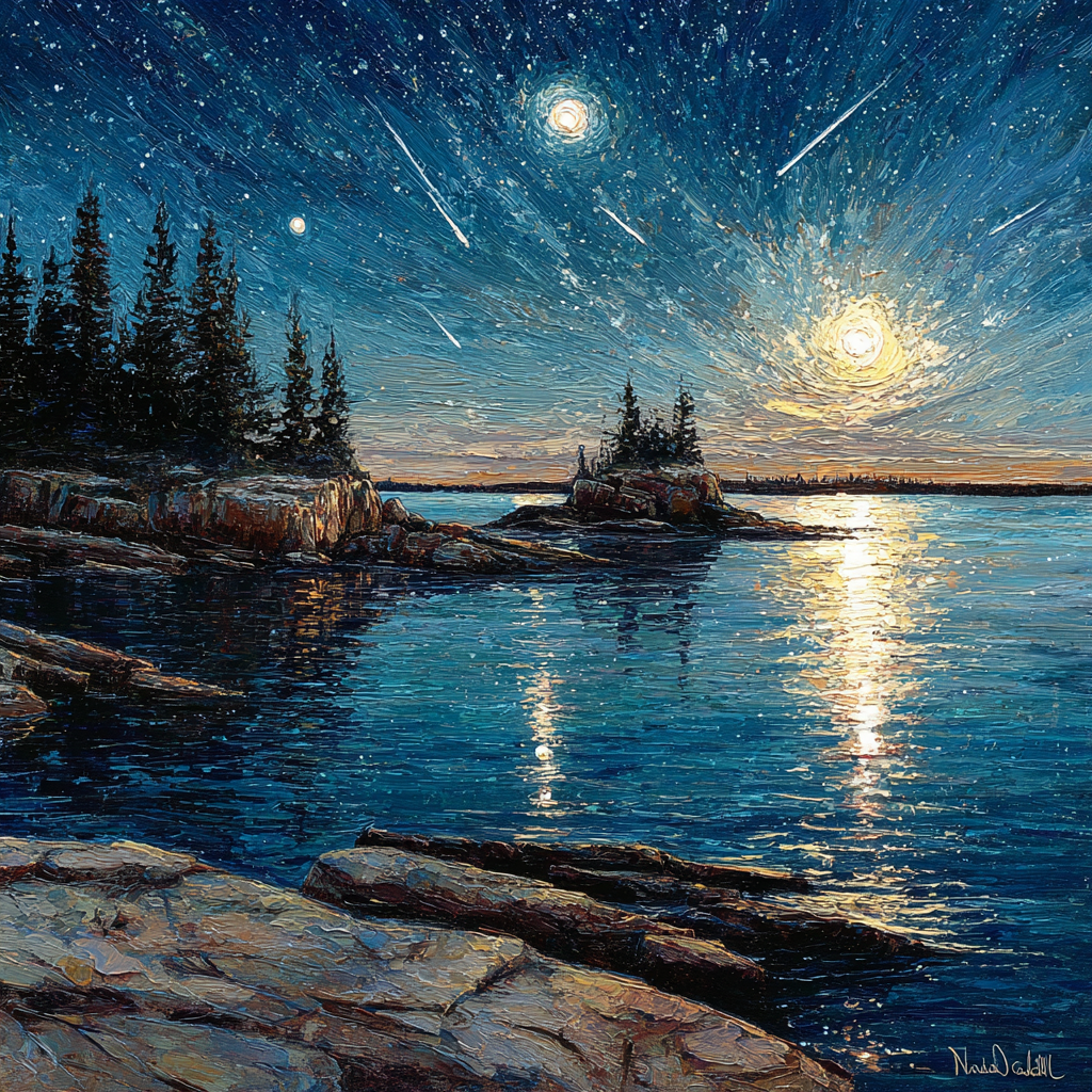 Nächtliche Felsenküste Mit Sternenhimmel Und Baumsilhoütten | Psychedelische Kunst | Stilrichtungen