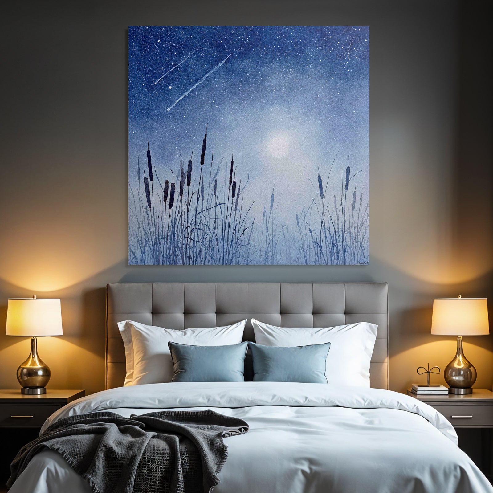 Nächtliche Landschaft Mit Gräsern Und Vollmond