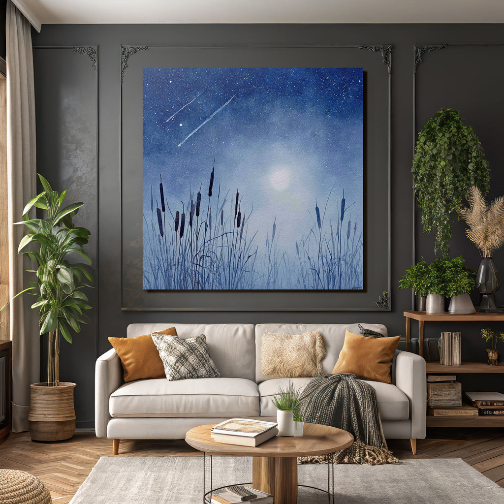 Nächtliche Landschaft Mit Gräsern Und Vollmond