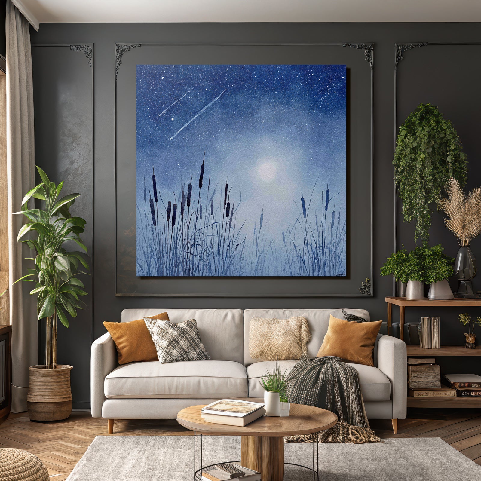 Nächtliche Landschaft Mit Gräsern Und Vollmond